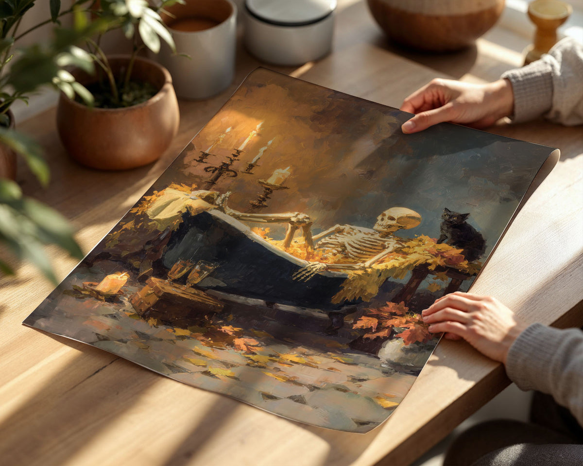 Lifestyle Posters A4 - Gothic painting of skeleton bathing surrounded by candlelight and fall foliage