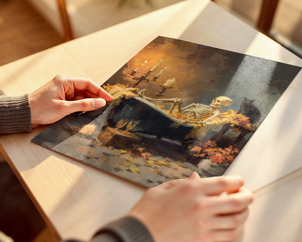 Lifestyle Posters A4 - Framed skeleton bath artwork showing golden autumn leaves and lit candles