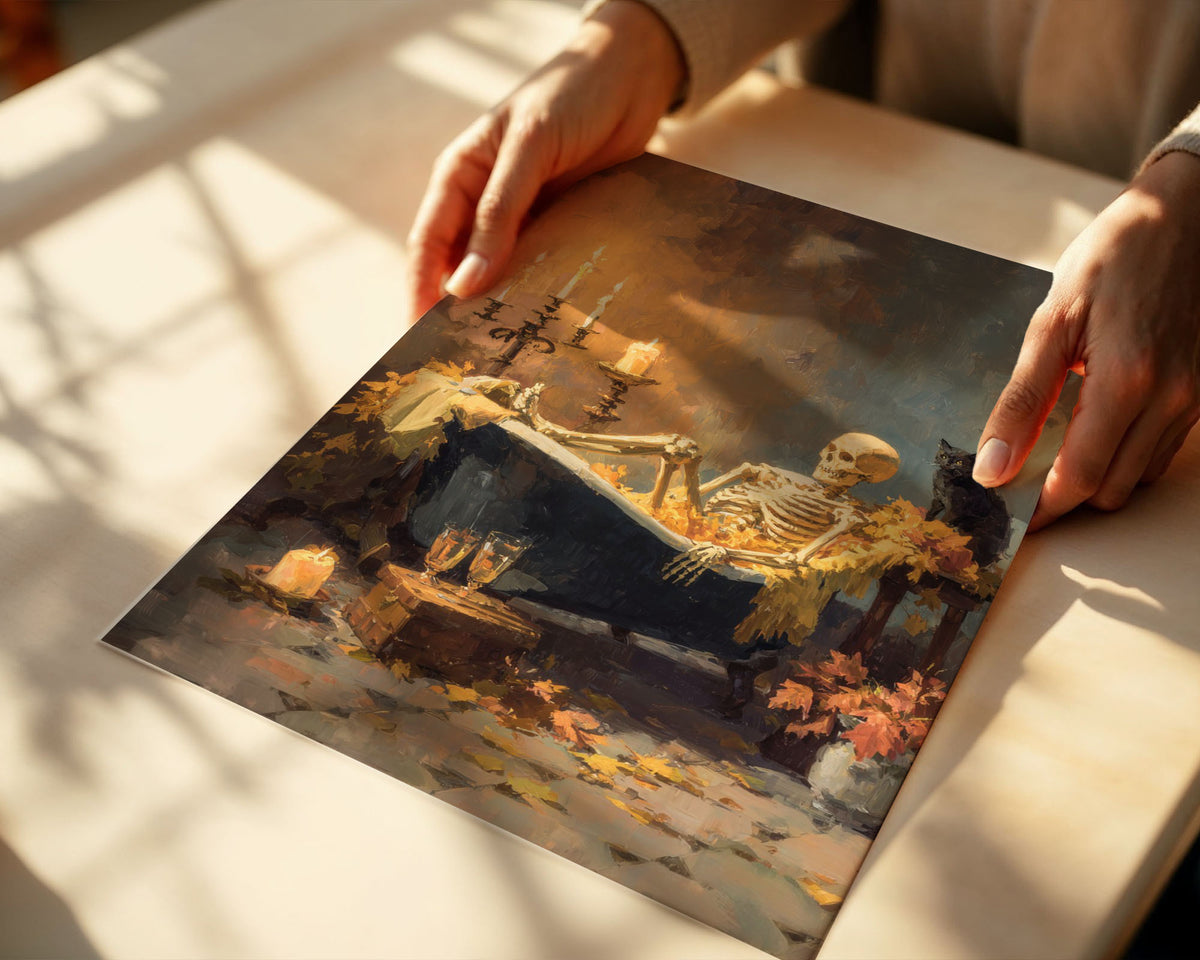 Lifestyle Posters A4 - Dark academia print featuring skeletal figure in bathtub with Halloween atmosphere