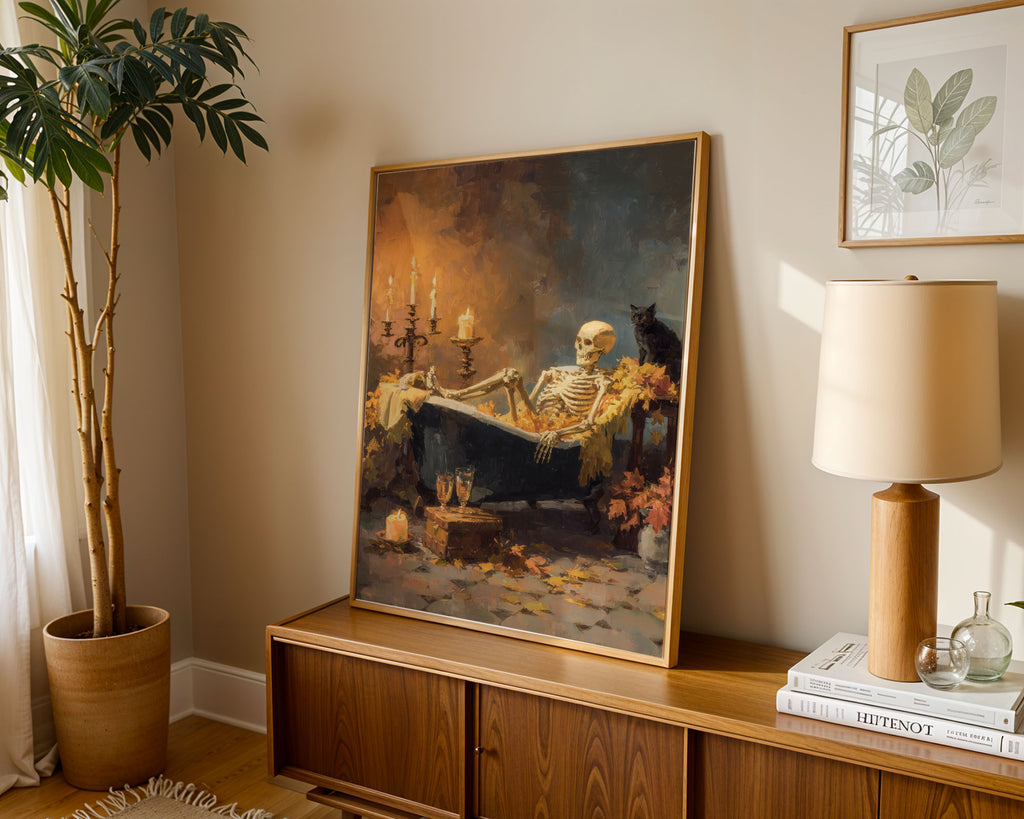 Lifestyle Posters A4 - Macabre autumn scene of skeleton relaxing in bath with black cat watching
