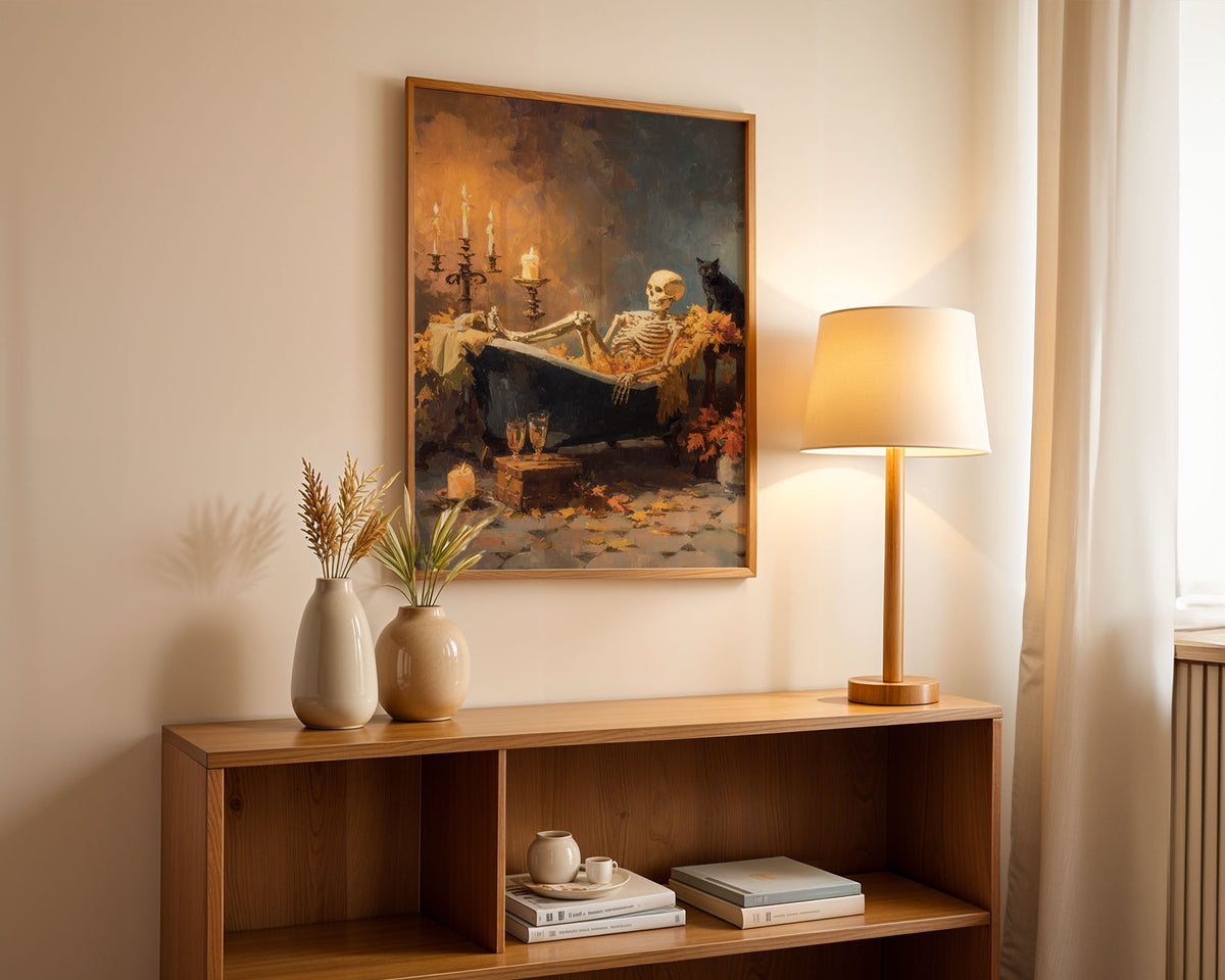 Lifestyle Posters A4 - Candlelit skeleton bath artwork with rich ochre and grey brushwork palette