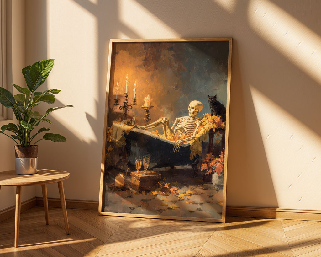 Lifestyle Posters A4 - Gothic vanitas painting of skeleton taking bath amid autumn decorations