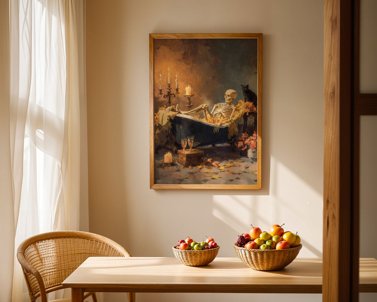 Lifestyle Posters A4 - Spooky morbid art print showing skeleton in bathtub with warm golden lighting