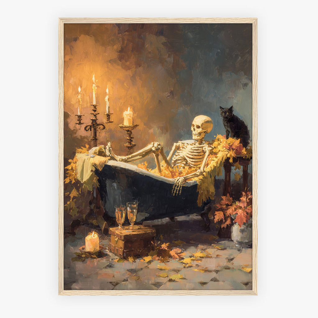 Lifestyle Posters A4 - Dark humorous skeleton bathroom scene with candelabra and fall leaves print