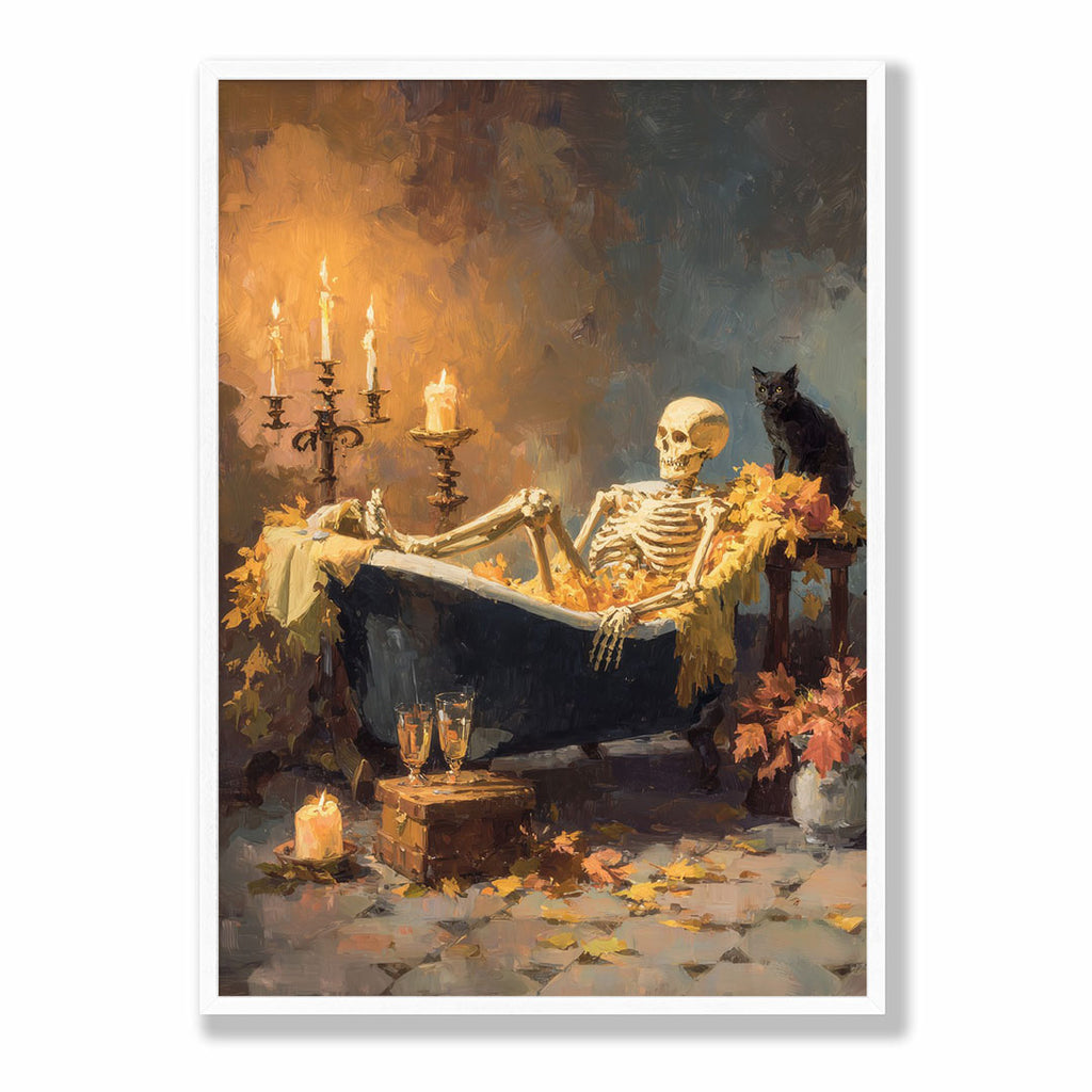 Lifestyle Posters A4 - Skeleton bath gothic art poster in warm earth tones and moody shadows