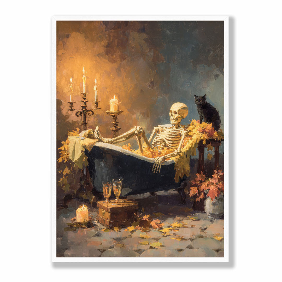 Lifestyle Posters A4 - Skeleton bath gothic art poster in warm earth tones and moody shadows