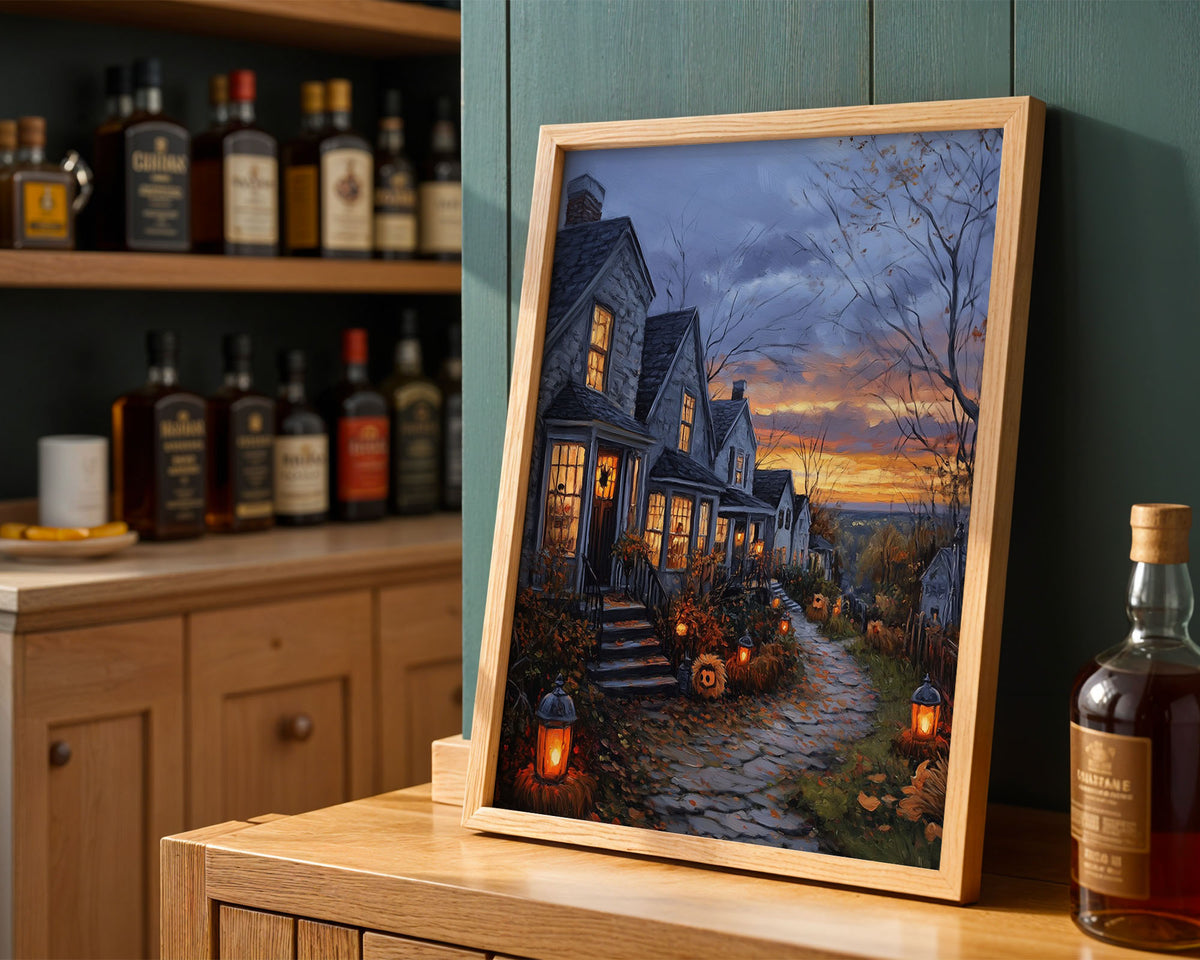 Lifestyle Posters A4 - Autumn cottage painting with golden lit windows at sunset