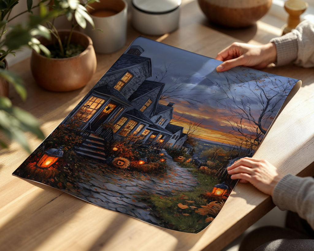 Lifestyle Posters A4 - Stone cottages on path with lanterns and bare autumn trees