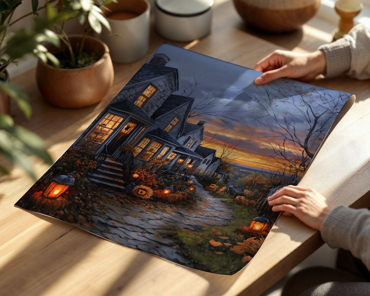 Lifestyle Posters A4 - Stone cottages on path with lanterns and bare autumn trees