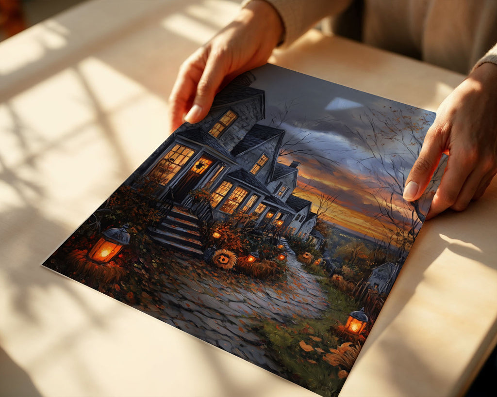Lifestyle Posters A4 - Atmospheric autumn landscape with glowing windows and autumn blooms