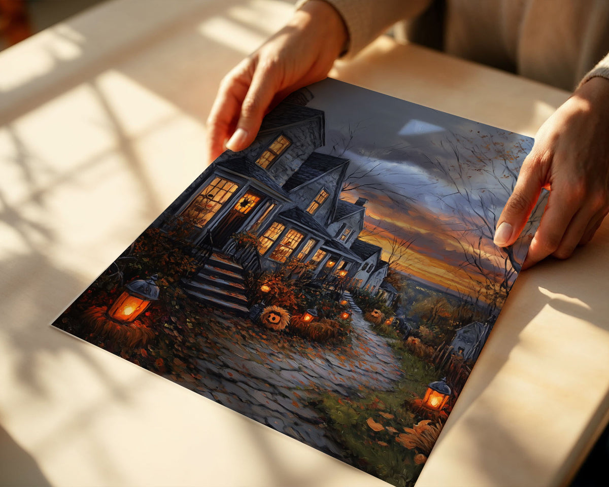 Lifestyle Posters A4 - Atmospheric autumn landscape with glowing windows and autumn blooms