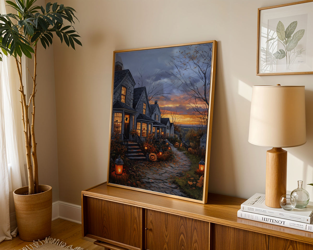 Lifestyle Posters A4 - Countryside cottages at twilight with fallen leaves and lanterns