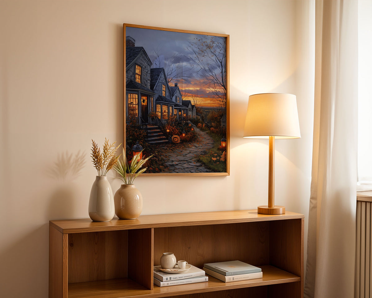 Lifestyle Posters A4 - Cosy cottage scene with bare branches and dramatic sunset sky