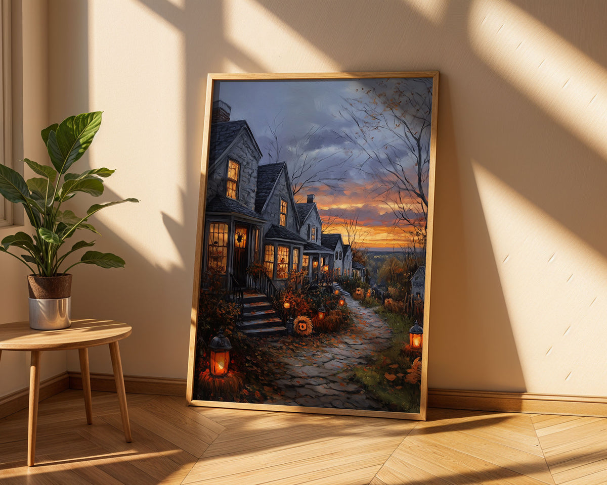 Lifestyle Posters A4 - Harvest lantern pathway leading to illuminated cottages at dusk