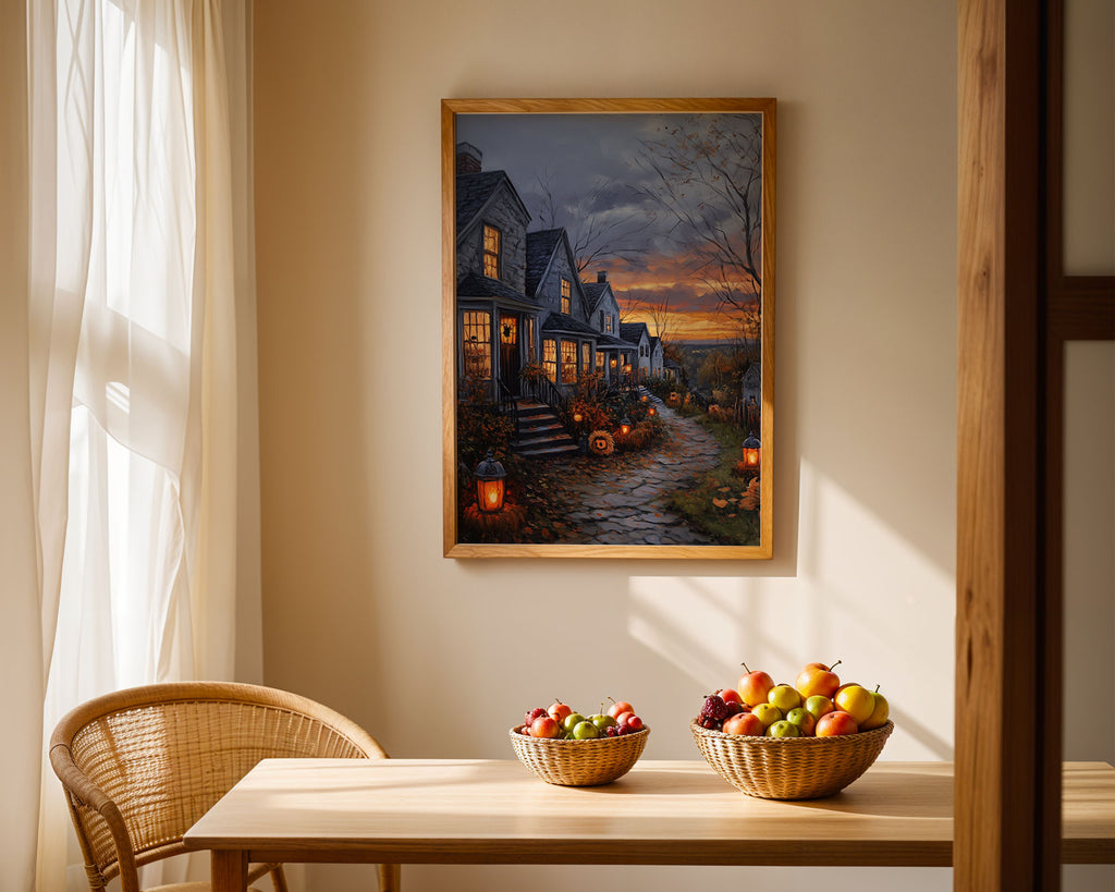 Lifestyle Posters A4 - Moody autumn painting showing stone cottages in evening light