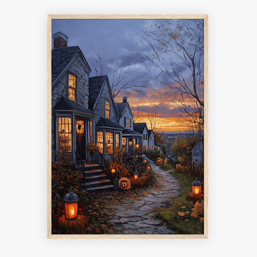 Lifestyle Posters A4 - Cottagecore landscape with autumn vegetation and glowing interiors