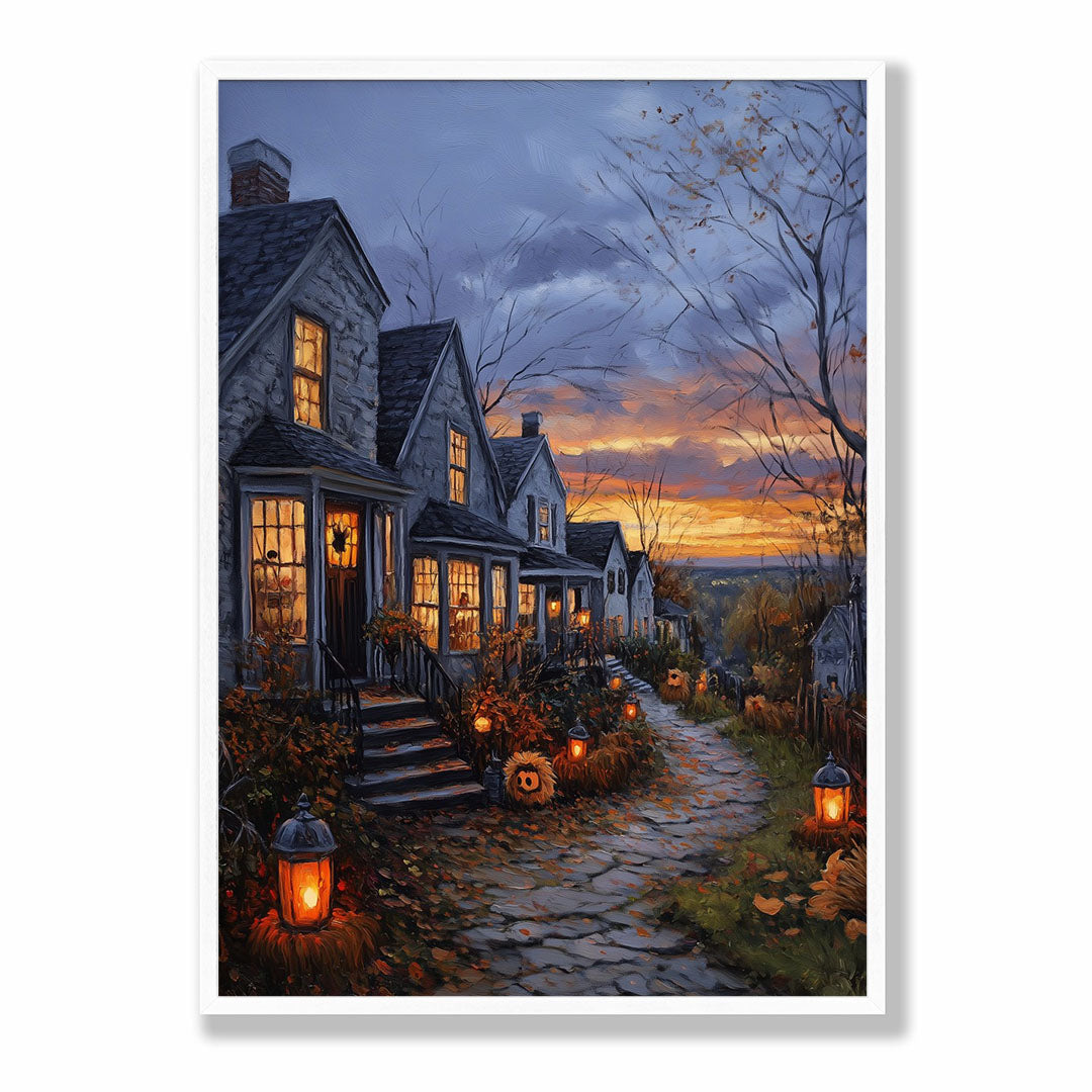 Lifestyle Posters A4 - Twilight cottage scene with warm yellow windows and stormy sky