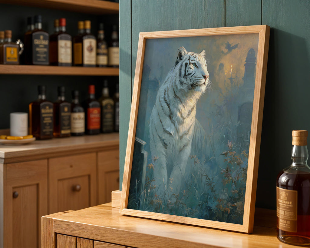 Lifestyle Posters A4 - White tiger portrait against misty castle with candlelit windows
