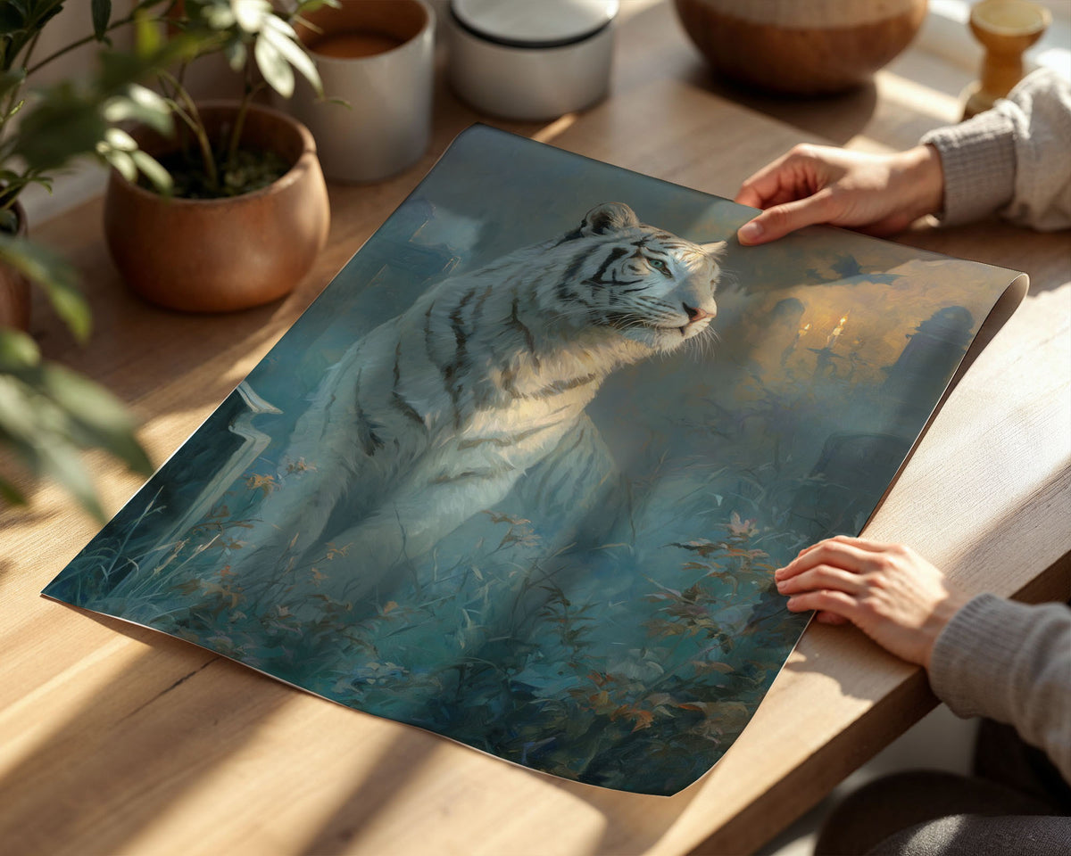 Lifestyle Posters A4 - Majestic white tiger facing right in ethereal golden light