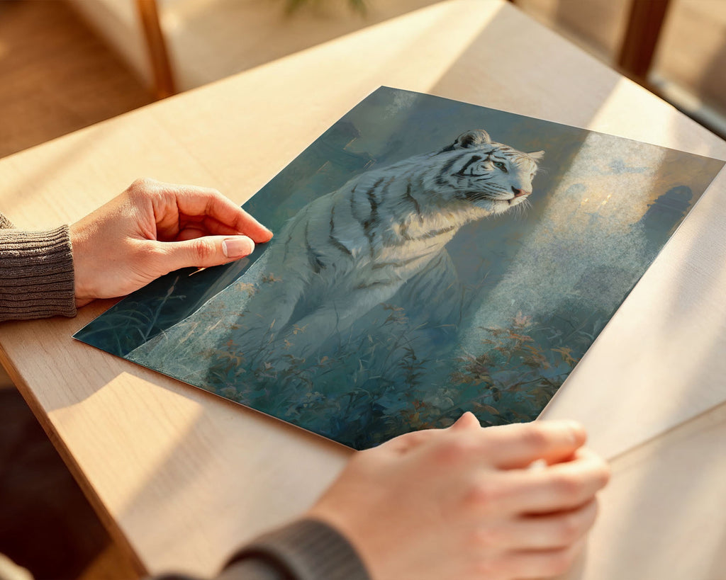 Lifestyle Posters A4 - White tiger with striped markings in fantasy castle landscape
