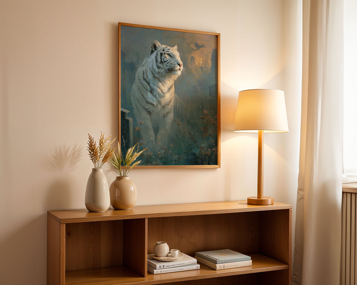 Lifestyle Posters A4 - White tiger surrounded by gnarled vegetation and stone ruins