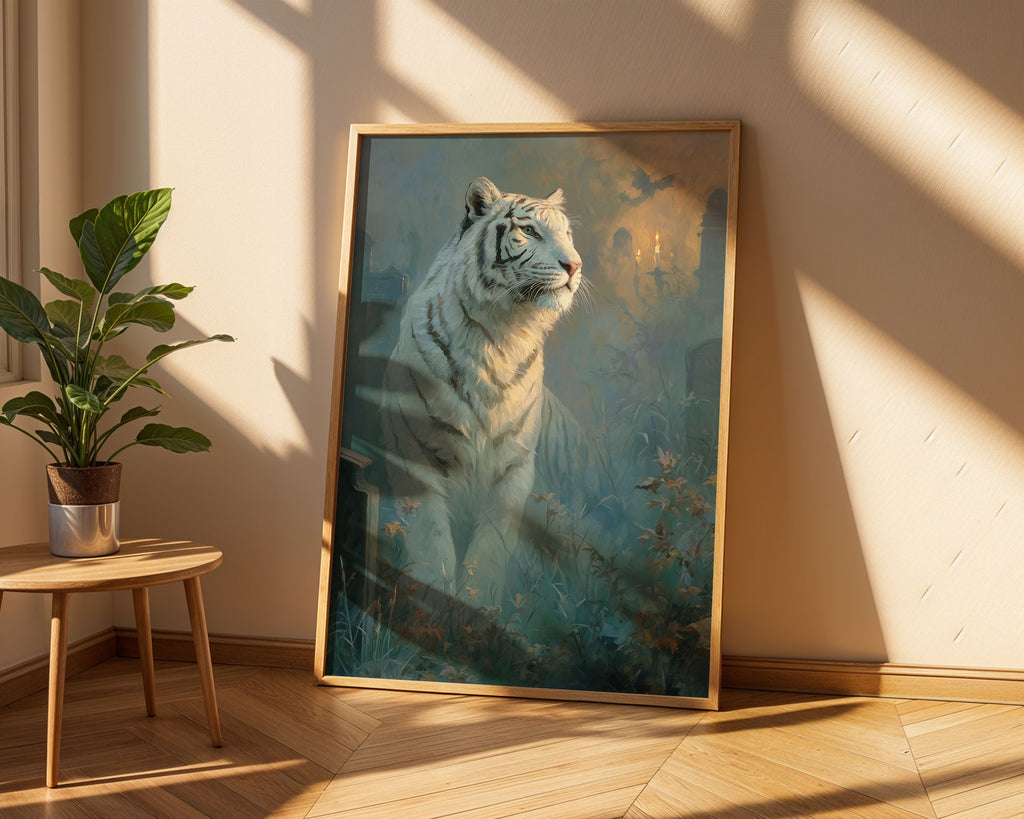 Lifestyle Posters A4 - Full composition of tiger with candlelit gothic castle behind