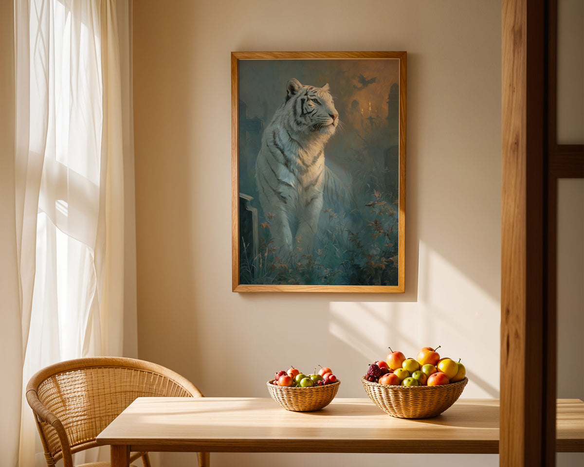 Lifestyle Posters A4 - Tiger portrait with bats flying over misty castle spires