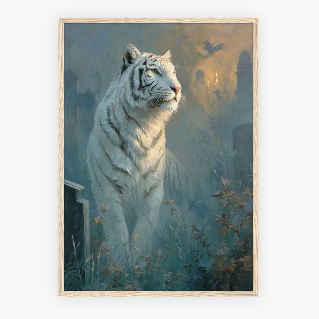 Lifestyle Posters A4 - Fantasy white tiger art with warm gold and blue tones