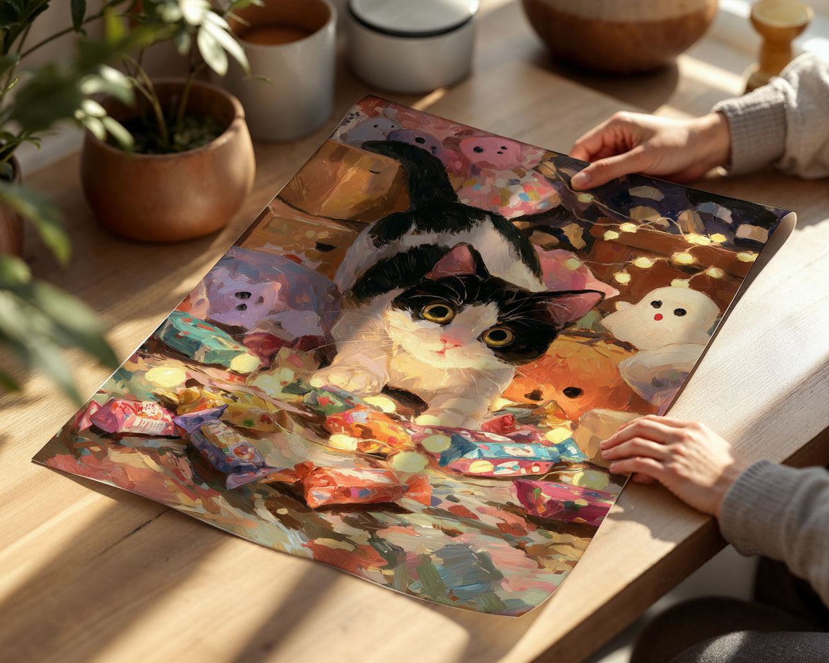 Lifestyle Poster A4 - Festive cat illustration with wrapped gifts and decorative lights