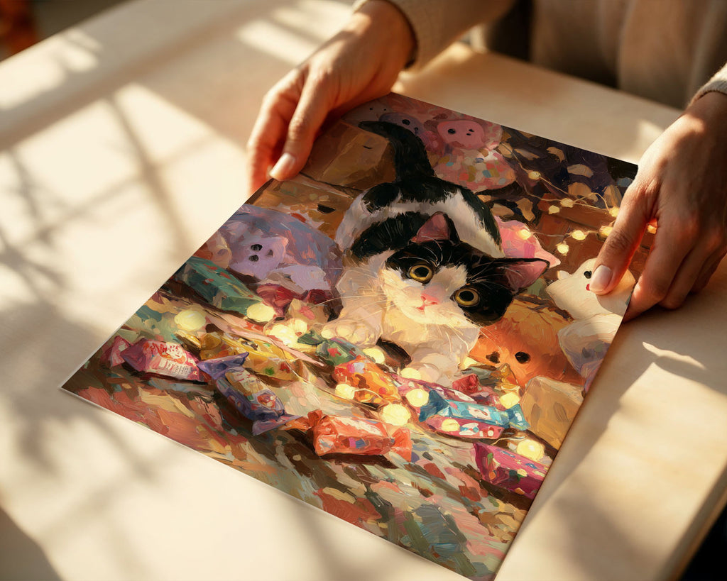 Lifestyle Poster A4 - Black and white cat with golden eyes among holiday decorations