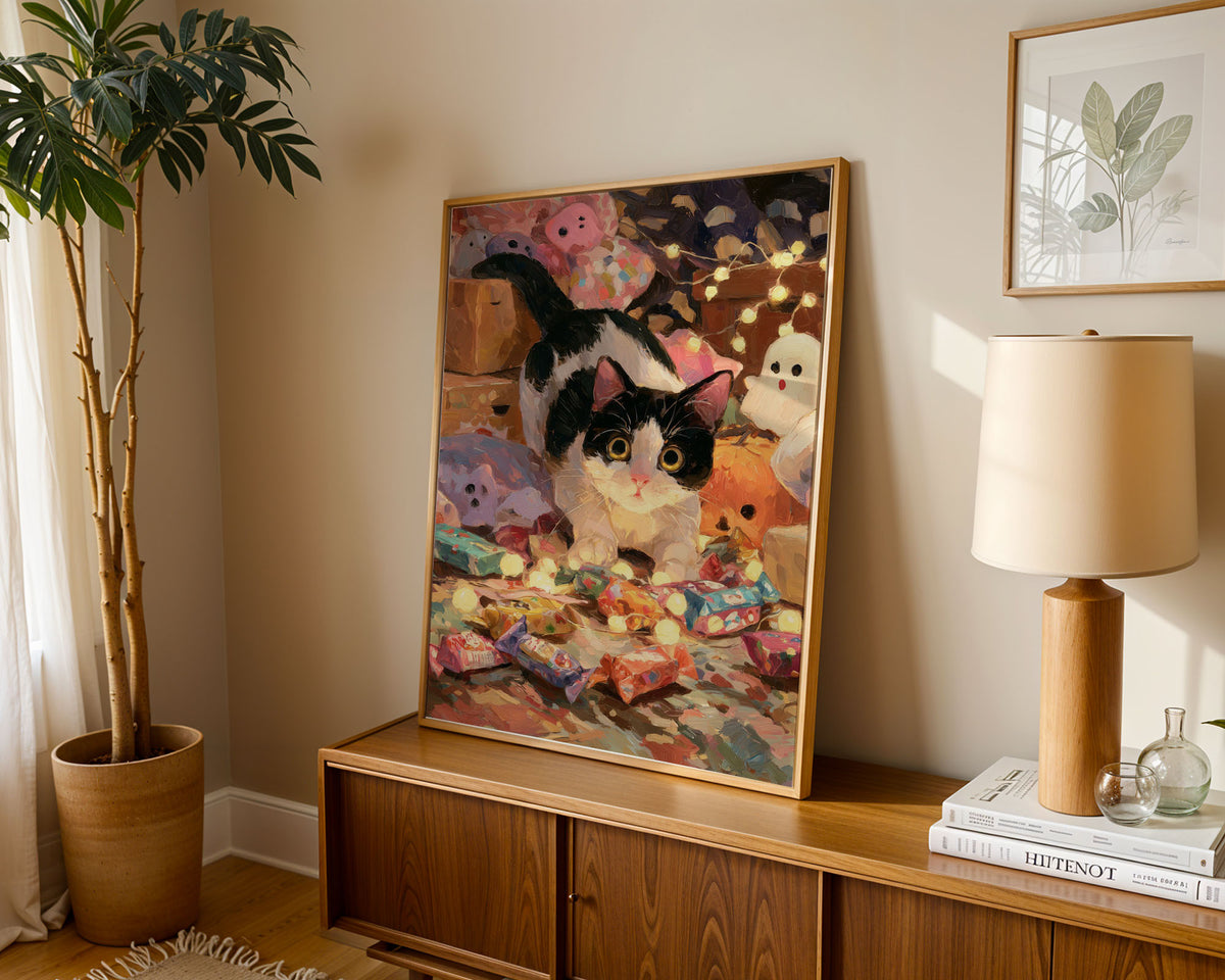 Lifestyle Poster A4 - Warm festive artwork showing cat with presents and string lights