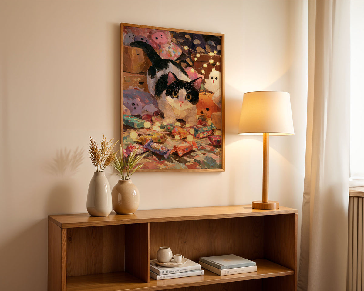 Lifestyle Poster A4 - Christmas cat art with cardboard boxes and colourful gift wrap