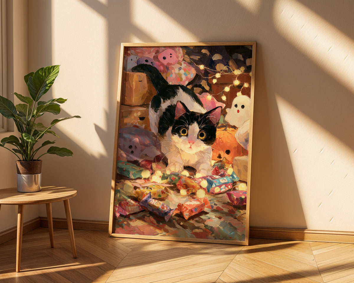 Lifestyle Poster A4 - Playful holiday scene featuring cat and wrapped presents