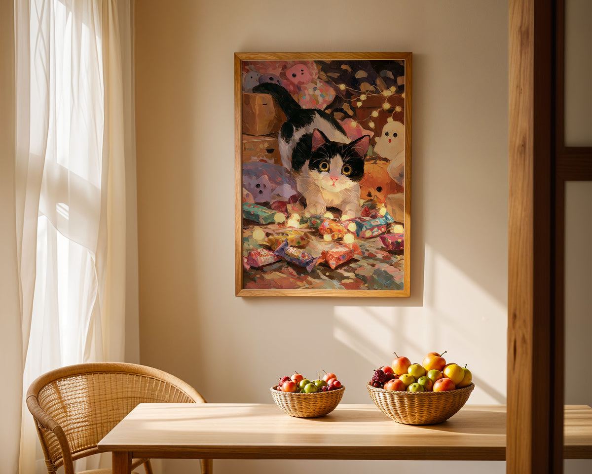 Lifestyle Poster A4 - Cosy cat Christmas illustration with glowing fairy lights