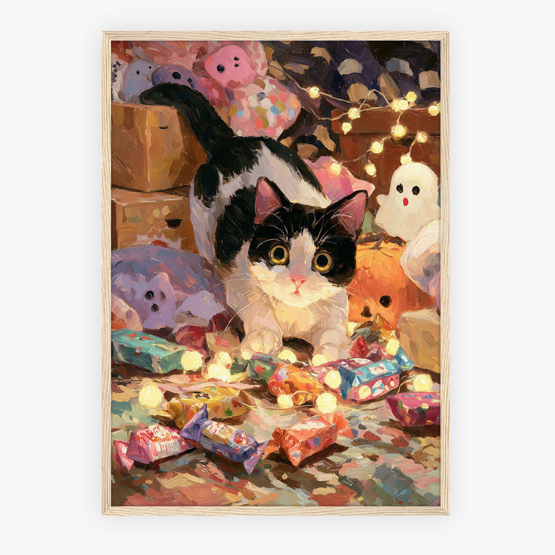 Lifestyle Poster A4 - Festive artwork of cat surrounded by Christmas gift boxes