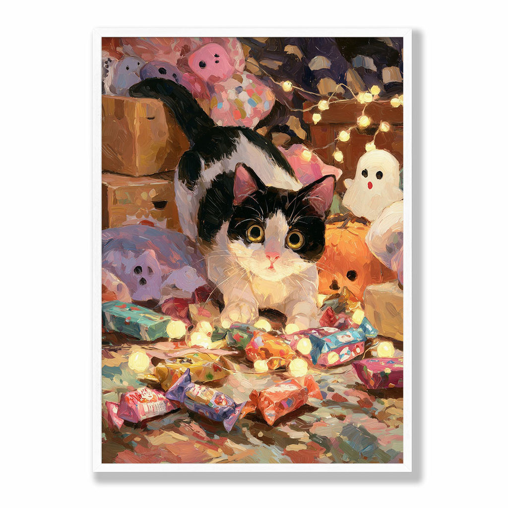Lifestyle Poster A4 - Holiday cat print with warm rustic tones and presents