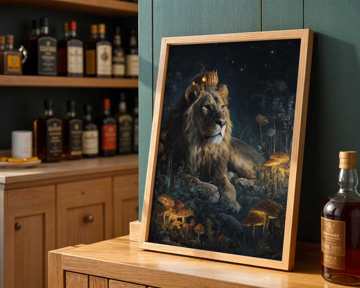 Lifestyle Posters A4 - Majestic lion with illuminated pumpkin crown on midnight background