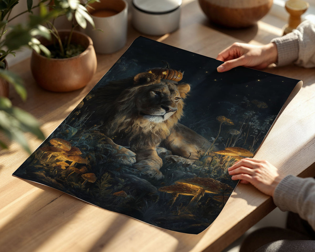 Lifestyle Posters A4 - Lion crowned with glowing jack-o'-lantern surrounded by toadstools and stars