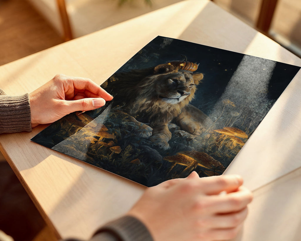 Lifestyle Posters A4 - Regal lion portrait with pumpkin crown in mystical forest setting