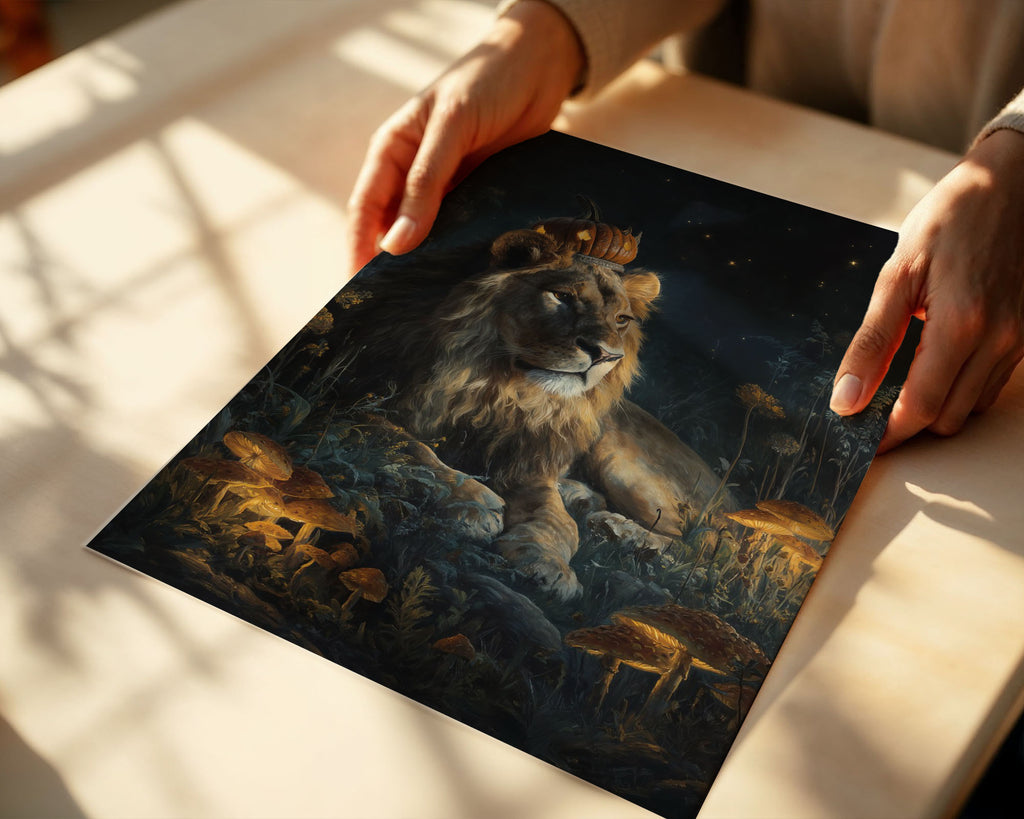 Lifestyle Posters A4 - Golden-furred lion wearing ornate pumpkin headdress with night sky backdrop