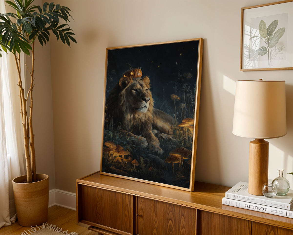 Lifestyle Posters A4 - Lion with illuminated pumpkin crown among glowing toadstools and ferns