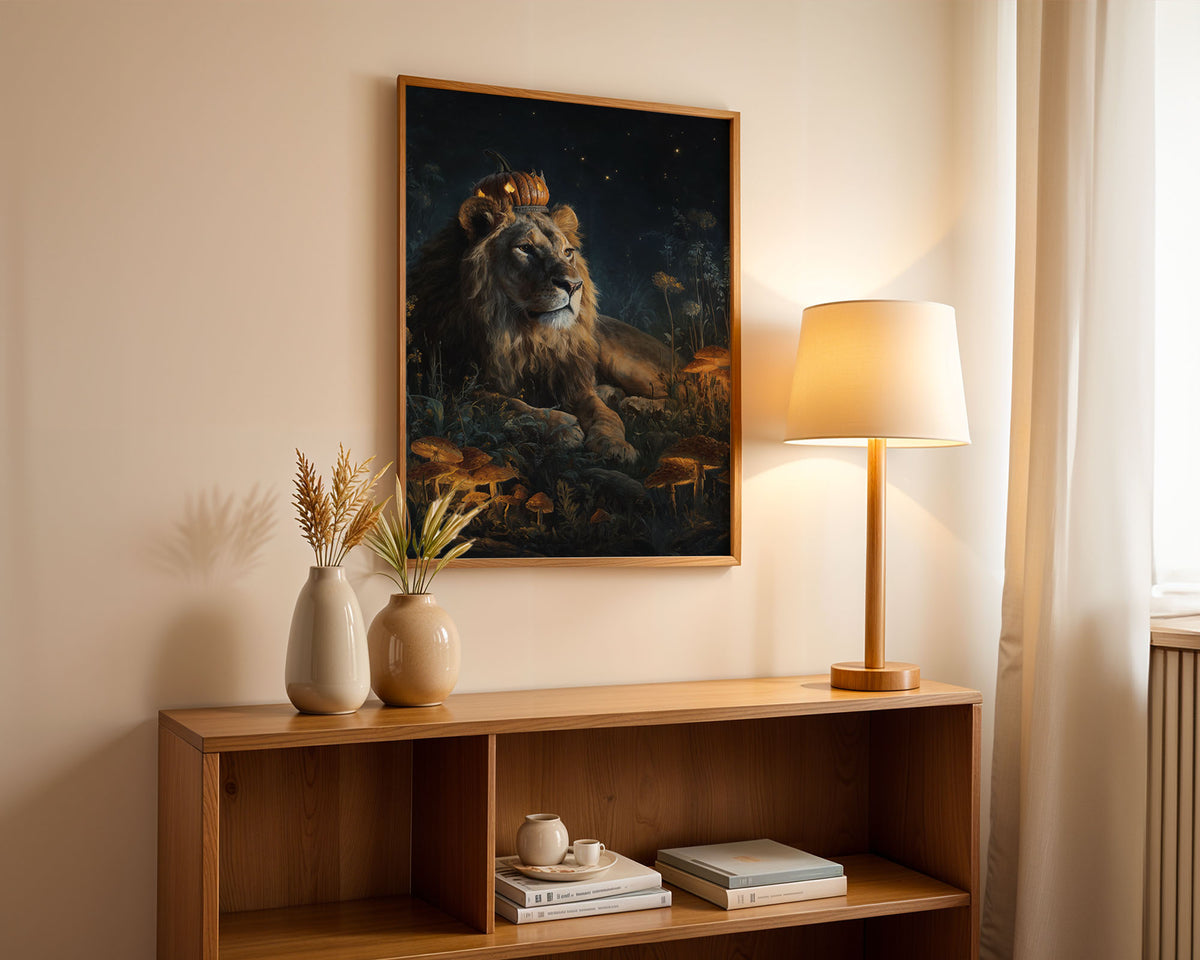 Lifestyle Posters A4 - Majestic lion portrait featuring carved pumpkin crown and starlit scene