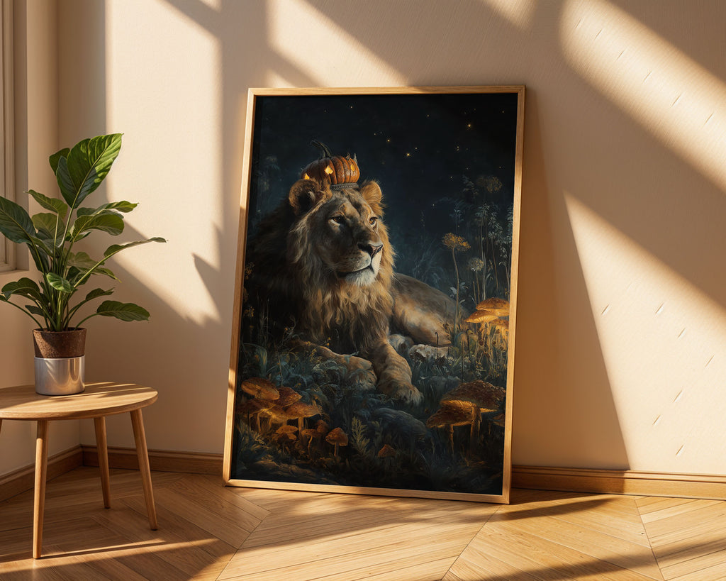 Lifestyle Posters A4 - Lion adorned with pumpkin crown in dark woodland with golden mushrooms