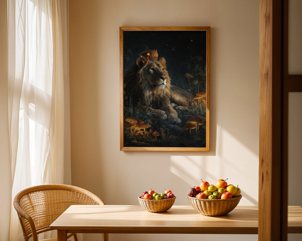 Lifestyle Posters A4 - Regal lion with glowing jack-o'-lantern crown in mystical forest scene
