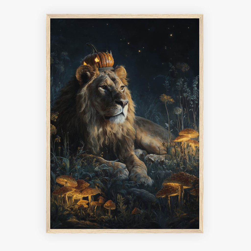 Lifestyle Posters A4 - Noble lion crowned with pumpkin surrounded by autumn forest and stars