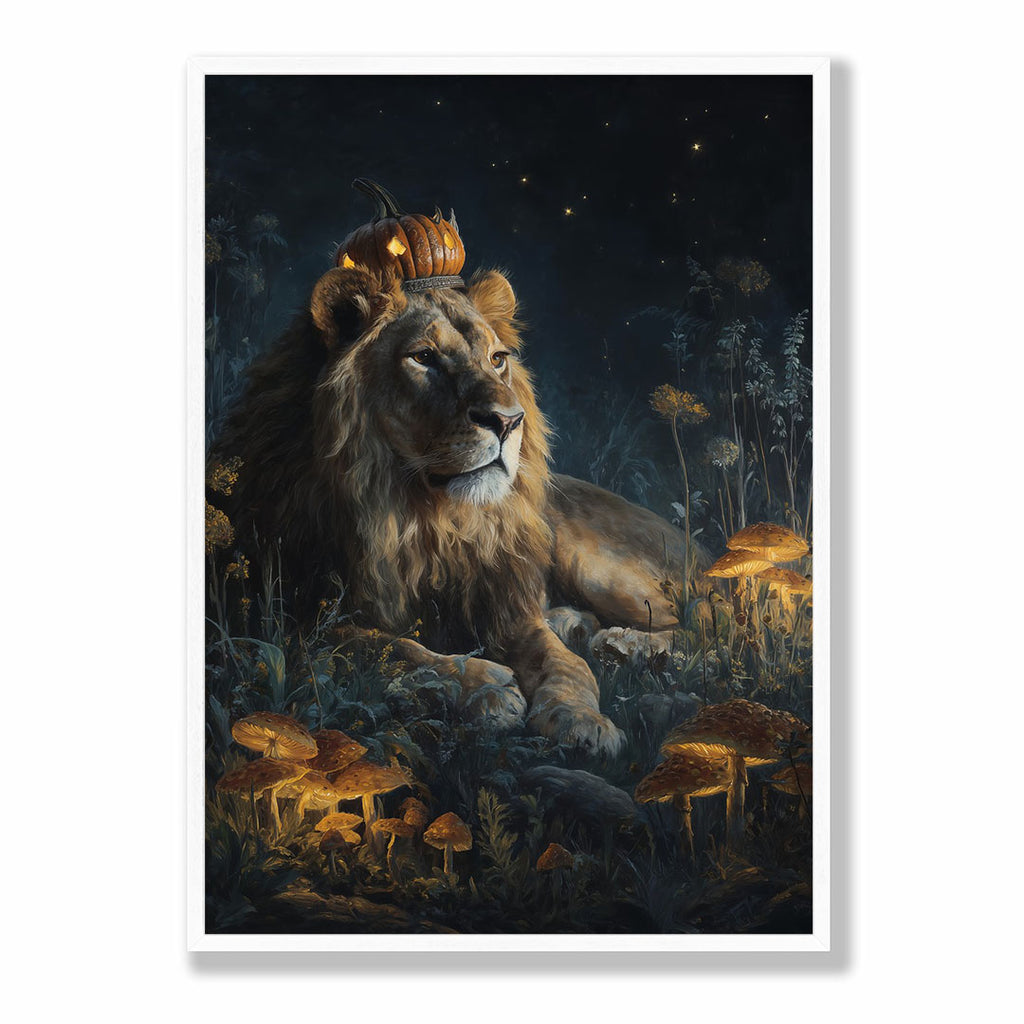 Lifestyle Posters A4 - Lion wearing ornate pumpkin crown in witchy dark forest artwork