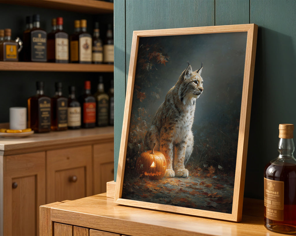 Lifestyle Posters A4 - Lynx portrait with carved pumpkin and autumn leaves