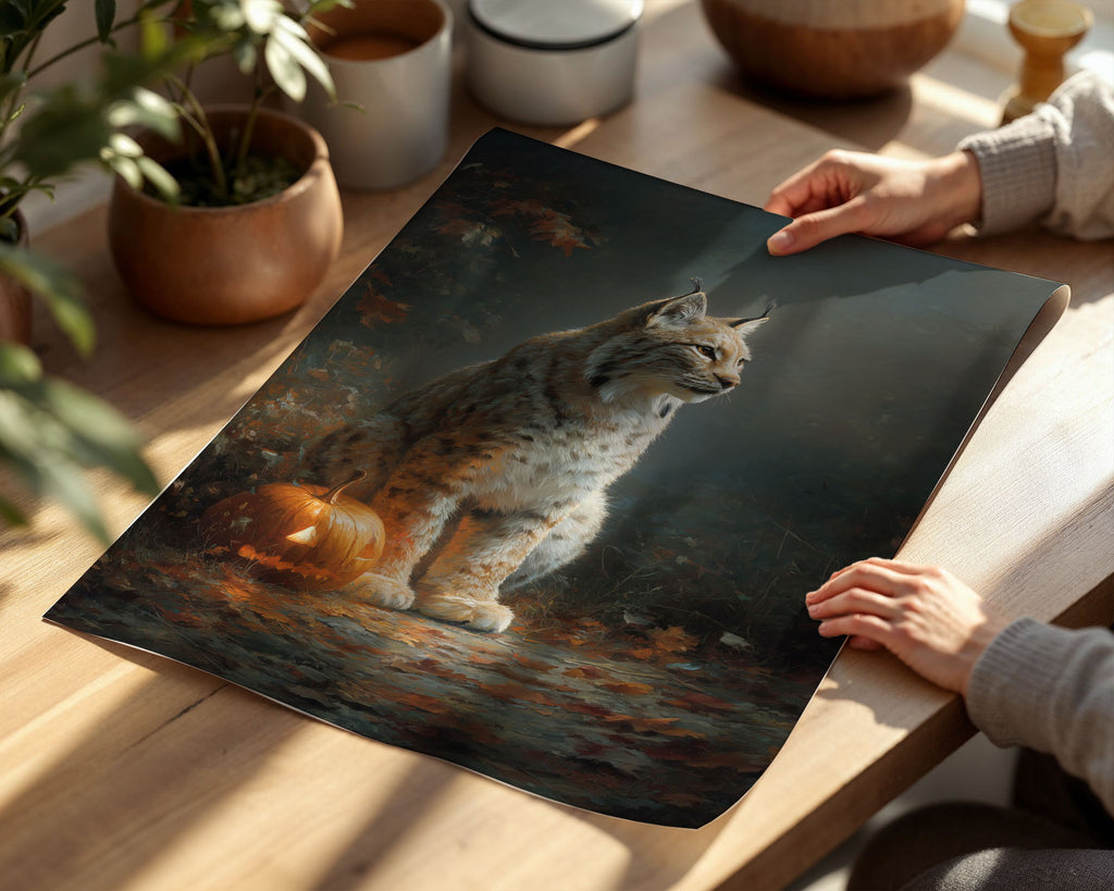 Lifestyle Posters A4 - Wild lynx standing beside glowing jack-o'-lantern artwork
