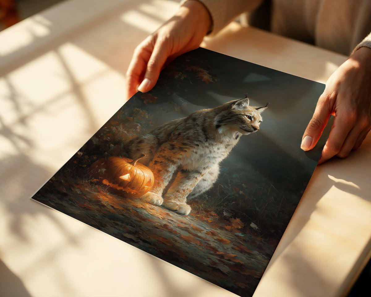 Lifestyle Posters A4 - Moody atmospheric lynx portrait with Halloween pumpkin