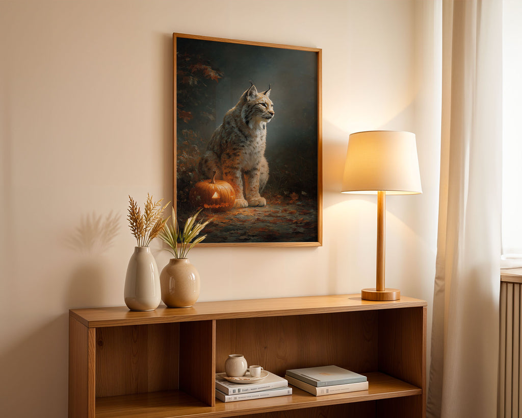 Lifestyle Posters A4 - Lynx and pumpkin autumn theme wall art poster